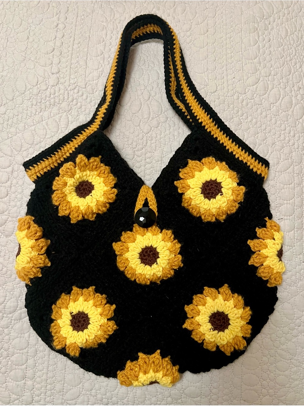 Handmade Black & Yellow Crochet Sunflower Tote Bag